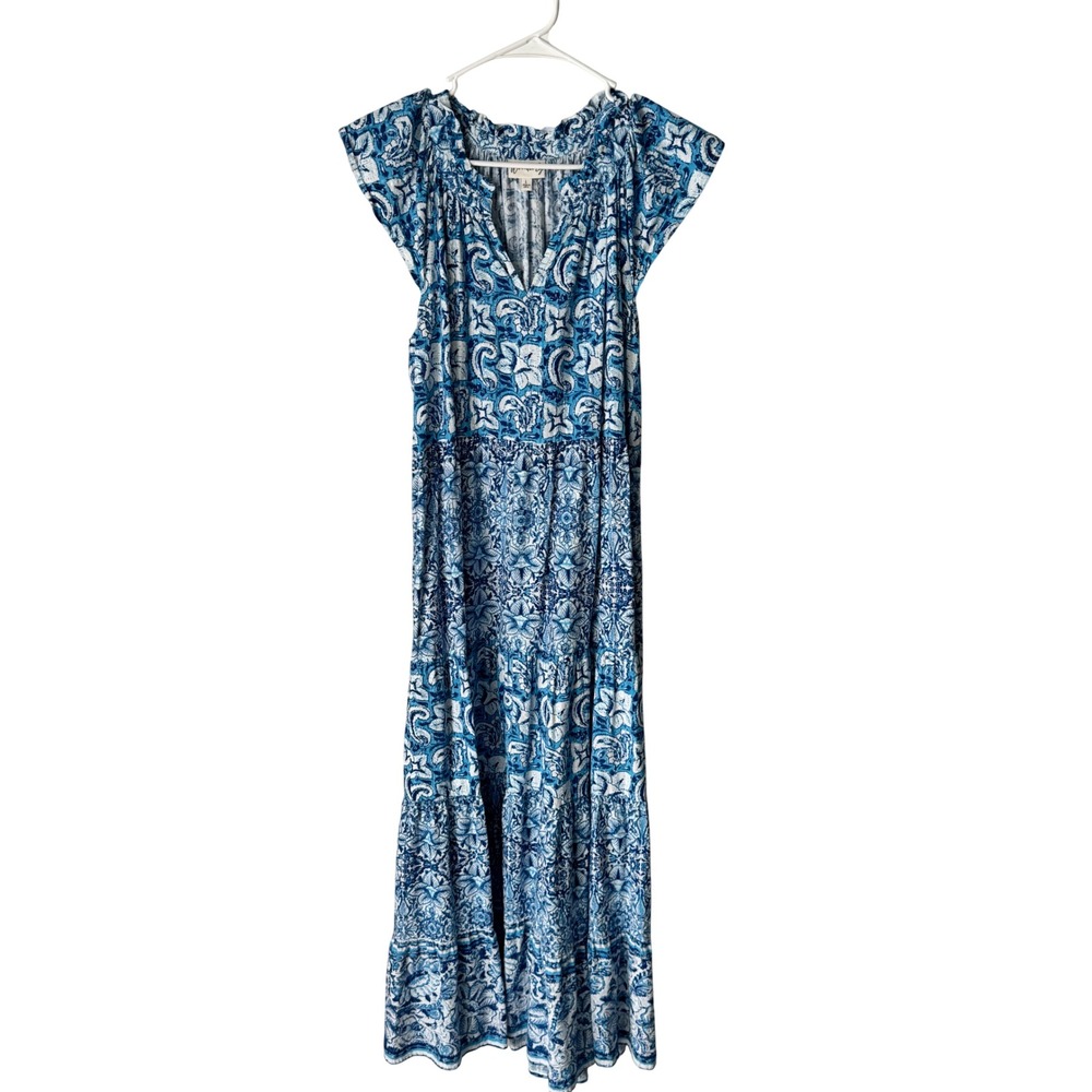 Wonderly Blue White Floral Tile Print Tiered Maxi Dress V-Neck Cap Sleeve L